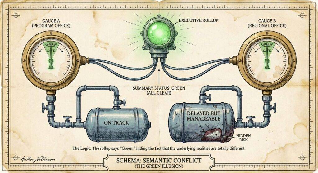 A vintage-style diagram shows two green gauges labeled "Gauge A" and "Gauge B" connected by pipes to tanks marked “On Track” and “Delayed but Manageable (Hidden Risk).” An “Executive Rollup” displays both as “Green,” masking underlying problems.