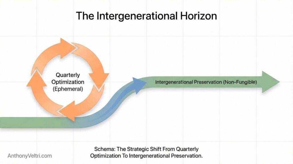 A diagram titled “The Intergenerational Horizon” shows a green path splitting into a blue arrow, moving right toward “Intergenerational Preservation (Non-Fungible).” An orange loop labeled "Quarterly Optimization (Ephemeral)" circles left. Text below describes shifting focus from quarterly to intergenerational goals.