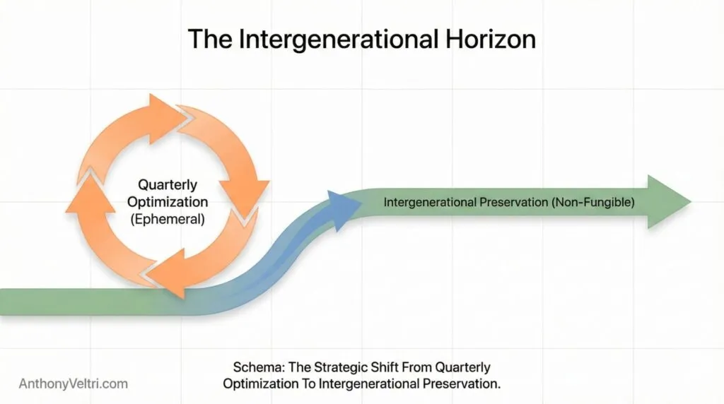 A diagram titled “The Intergenerational Horizon” shows a green path splitting into a blue arrow, moving right toward “Intergenerational Preservation (Non-Fungible).” An orange loop labeled "Quarterly Optimization (Ephemeral)" circles left. Text below describes shifting focus from quarterly to intergenerational goals.
