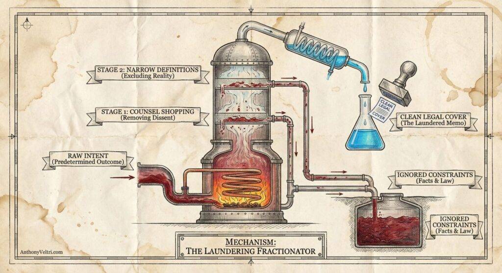A diagram in the style of a chemistry lab shows "The Laundering Fractionator": Raw Intent enters a boiling chamber, is refined through stages labeled "Counsel Shopping" and "Narrow Definitions," producing "Clean Legal Cover" in a blue flask; legal constraints are left behind.