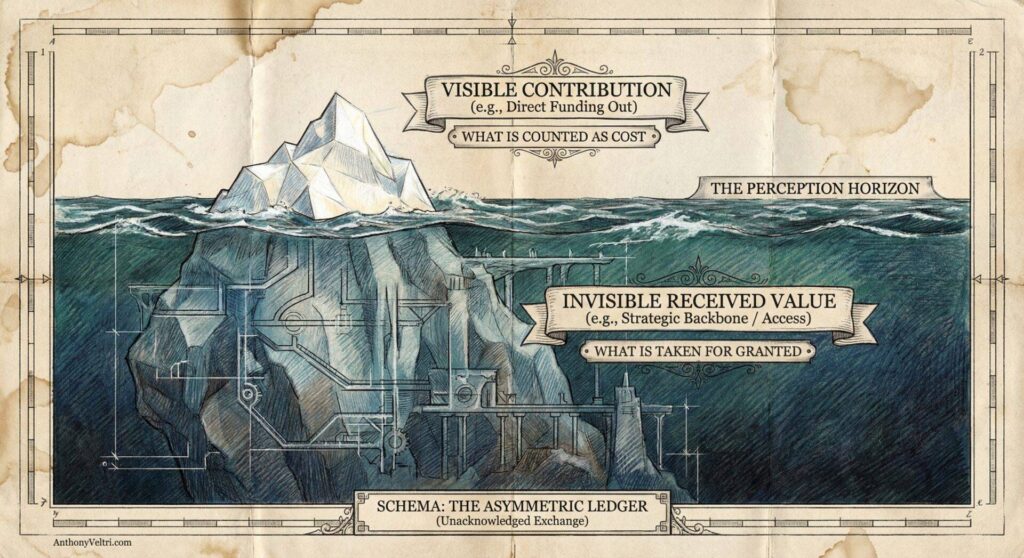 A hand-drawn iceberg floats in the sea. The tip above water is labeled "The Invoice (Visible Cost)" while the large submerged section, supported by scaffolding, is labeled "The Infrastructure (Invisible Support)." Title below reads "Schema: The Ledger Iceberg.
