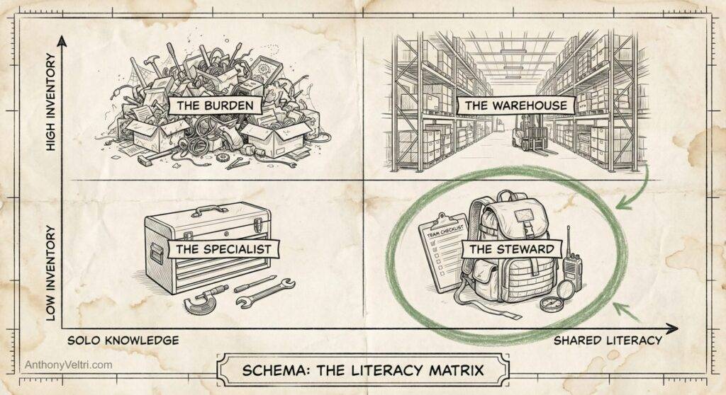 A chart divided into four quadrants: top left shows a pile of books labeled "The Burden" (high inventory, solo knowledge), top right shows shelves in a warehouse with a forklift labeled "The Warehouse" (high inventory, shared literacy), bottom left shows a toolbox labeled "The Specialist" (low inventory, solo knowledge), and bottom right shows a backpack, clipboard, and pens labeled "The Steward" (low inventory, shared literacy); the Steward quadrant is circled. The axes read "Inventory" (vertical) and "Knowledge/Literacy" (horizontal).
