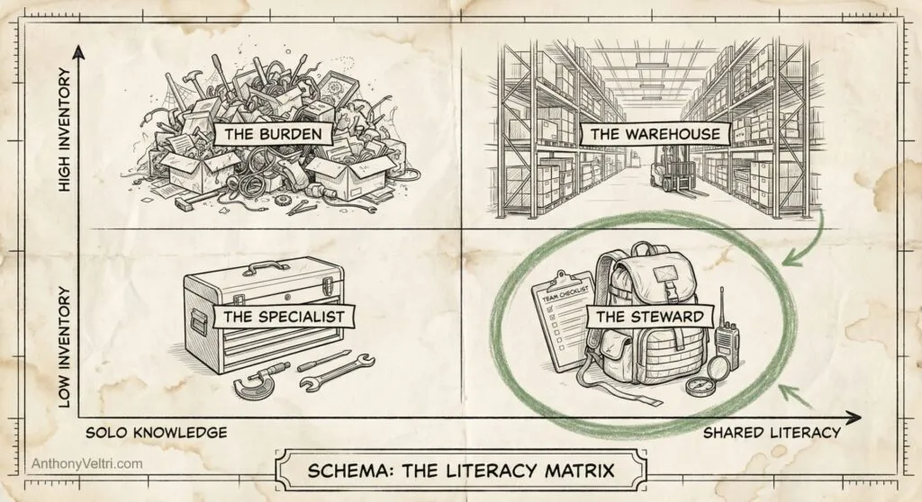 A chart divided into four quadrants: top left shows a pile of books labeled "The Burden" (high inventory, solo knowledge), top right shows shelves in a warehouse with a forklift labeled "The Warehouse" (high inventory, shared literacy), bottom left shows a toolbox labeled "The Specialist" (low inventory, solo knowledge), and bottom right shows a backpack, clipboard, and pens labeled "The Steward" (low inventory, shared literacy); the Steward quadrant is circled. The axes read "Inventory" (vertical) and "Knowledge/Literacy" (horizontal).