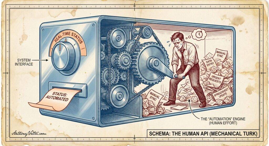 A vintage-style illustration shows a man shoveling papers inside a large machine labeled “Schema: The Human API (Mechanical Turk).” The machine’s dials read “Real-Time Status” and “Status: Automated,” while gears and levers connect to the man’s manual work.