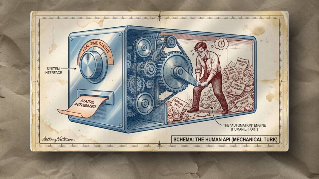 A cutaway illustration shows a man inside a machine, frantically sorting papers labeled with tasks like “transcribe” and “moderate.” Outside, a “real-time status” gauge and a “status automated” panel give a false impression of full automation. The system is labeled “The Human API (Mechanical Turk).”.