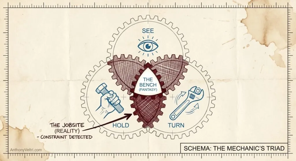 A diagram titled “Schema: The Mechanic’s Triad” shows three interlocking gears labeled SEE (eye icon), HOLD (hand icon), and TURN (wrench icon), with “THE BENCH (FANTASY)” at the center. An arrow points to “The Jobsite (Reality)—Constraint Detected.”.