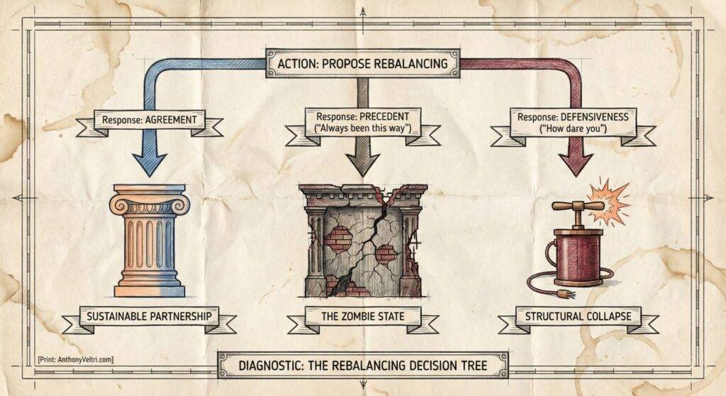 A flowchart titled "The Rebalancing Decision Tree" shows three outcomes of rebalancing: sustainable partnership (pillar), zombie state (crumbling column), and structural collapse (explosion), based on agreement, precedent, or defensiveness.