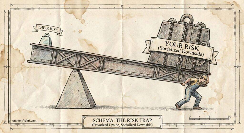 A seesaw illustration shows a heavy weight labeled "YOUR RISK (Socialized Downside)" pressing down on one side, carried by a struggling man. The other side, labeled "THEIR RISK," is light. Caption reads, "Schema: The Risk Trap (Privatized Upside, Socialized Downside).