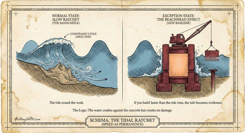 A split diagram: Left shows waves erasing a sandcastle labeled "NORMAL STATE: SLOW RATCHET (THE SANDCASTLE)." Right shows waves hitting a concrete wall built by a crane, labeled "EXCEPTION STATE: THE BEACHHEAD EFFECT (NEW BASELINE)." Caption: "SCHEMA: THE TIDAL RATCHET.