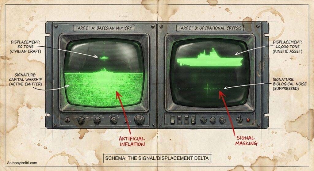 Two old radar screens display green sonar images. The left screen shows a small civilian craft disguised as a large warship (signature inflation), while the right shows a large warship masked as a small object (signature suppression). Annotations explain each tactic.