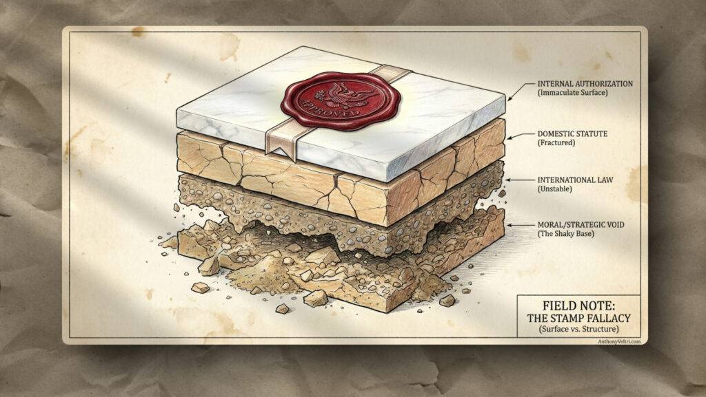 A diagram shows layers of earth labeled as legal and ethical foundations. The top layer, labeled “Internal Authorization” with a wax seal, sits on cracked “Domestic Statute,” then “International Law,” and a crumbling “Moral/Strategic Void” at the base.