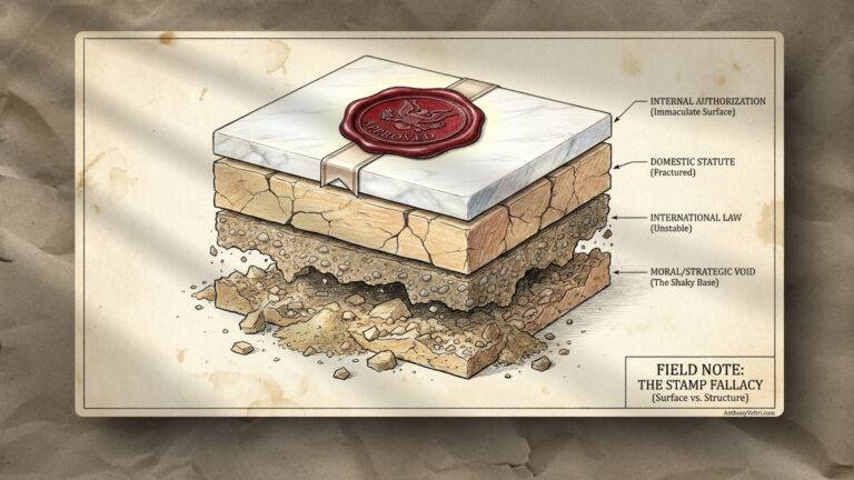 A diagram shows layers of earth labeled as legal and ethical foundations. The top layer, labeled “Internal Authorization” with a wax seal, sits on cracked “Domestic Statute,” then “International Law,” and a crumbling “Moral/Strategic Void” at the base.
