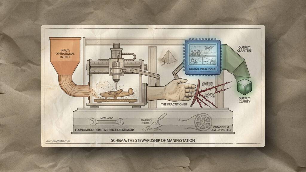 A diagram shows a vintage machine operated by a hand labeled “The Practitioner.” An input funnel labeled “Operational Intent” feeds wood into the machine, transforming it into an airplane model. A digital processor and output cubes labeled “Clarity” are on the right.