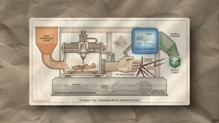 A diagram shows a vintage machine operated by a hand labeled “The Practitioner.” An input funnel labeled “Operational Intent” feeds wood into the machine, transforming it into an airplane model. A digital processor and output cubes labeled “Clarity” are on the right.
