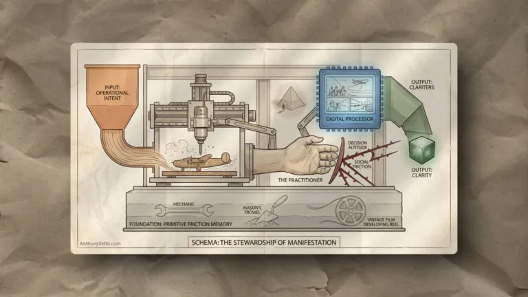 A diagram shows a vintage machine operated by a hand labeled “The Practitioner.” An input funnel labeled “Operational Intent” feeds wood into the machine, transforming it into an airplane model. A digital processor and output cubes labeled “Clarity” are on the right.