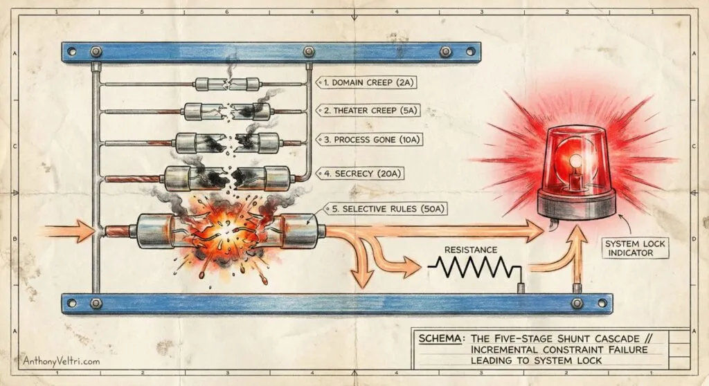 A detailed diagram shows five electrical fuses labeled by failure types, leading to an explosion when overloaded. After the explosion, a wire runs through a resistor to a flashing red alarm labeled "System Lock Indicator." Text labels each stage and the system lock result.