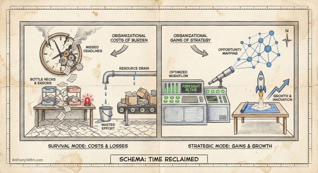 A split-panel illustration. Left: chaotic office with papers, coffee spill, alarm clock, and conveyor belts labeled "missed deadlines," "bottlenecks," "wasted effort," and "resource drain." Right: organized tech, a rocket launching, and labeled "optimized workflow," "growth," and "opportunity mapping.
