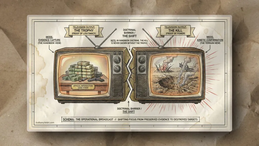 Two vintage TVs on a stained paper background. The left TV shows piles of cash labeled 