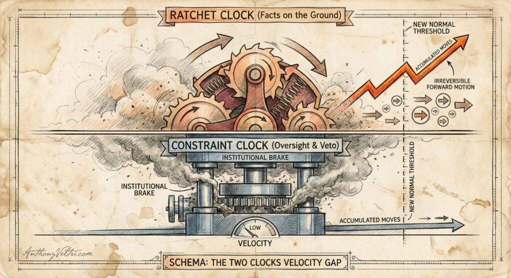 An ornate diagram shows two clocks: a "Ratchet Clock" with gears moving upward (progress) and a "Constraint Clock" with brakes (oversight/veto) below. An orange line shows progress stalling at thresholds, illustrating institutional resistance to change.