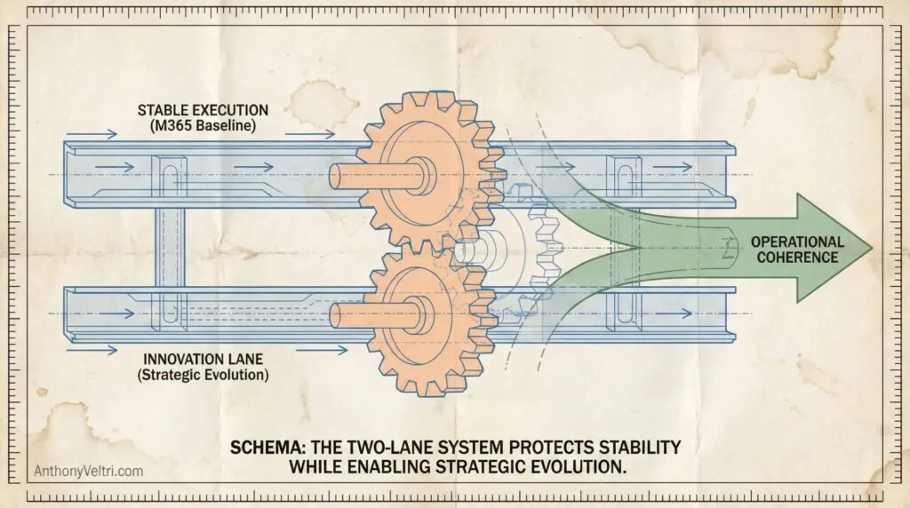 A diagram shows two parallel tracks with gears linking them. The top track is labeled "Stable Execution (M365 Baseline)" and the bottom "Innovation Lane (Strategic Evolution)." Both connect to a green arrow labeled "Operational Coherence.