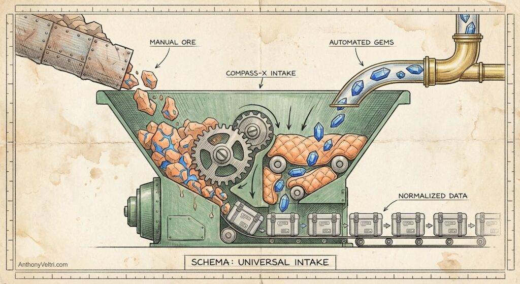 A labeled diagram shows rough ore and blue gems entering a large industrial intake with gears, blending into a single flow that exits as uniform, gray data blocks on a conveyor belt labeled “Normalized Data.” The process is titled “Schema: Universal Intake.”.
