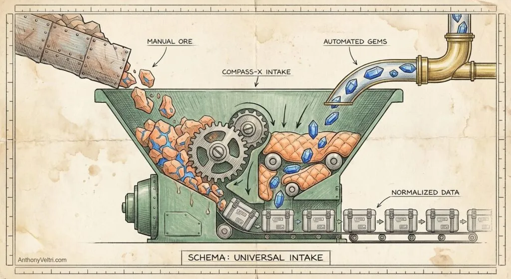 A labeled diagram shows rough ore and blue gems entering a large industrial intake with gears, blending into a single flow that exits as uniform, gray data blocks on a conveyor belt labeled “Normalized Data.” The process is titled “Schema: Universal Intake.”.
