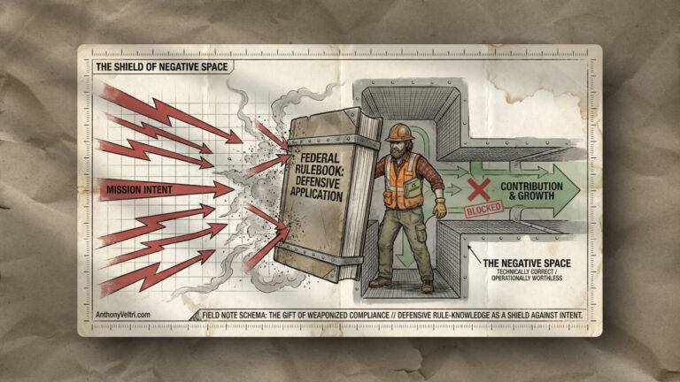 Illustration of a construction worker holding a massive “Federal Rulebook” as a shield. Red lightning labeled “Mission Intent” bounces off. The shield blocks “Contribution & Growth” on the right, labeled as “Negative Space,” with a gray background and grid overlay.