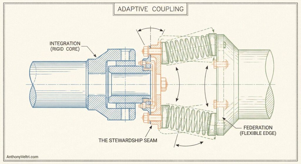 Technical diagram of an โAdaptive Coupling,โ showing a solid, rigid core labeled โIntegrationโ on the left, connecting through a โStewardship Seamโ to a flexible, spring-supported structure labeled โFederationโ on the right. Arrows suggest movement and adaptability.