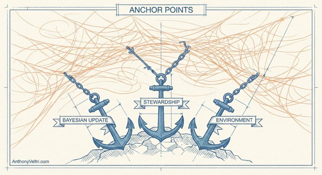 Three large anchors sit on rocky ground. Each anchor has a banner: โBAYESIAN UPDATEโ (left), โSTEWARDSHIPโ (center), and โENVIRONMENTโ (right). Orange swirling lines float above, and the image is labeled โANCHOR POINTSโ at the top.