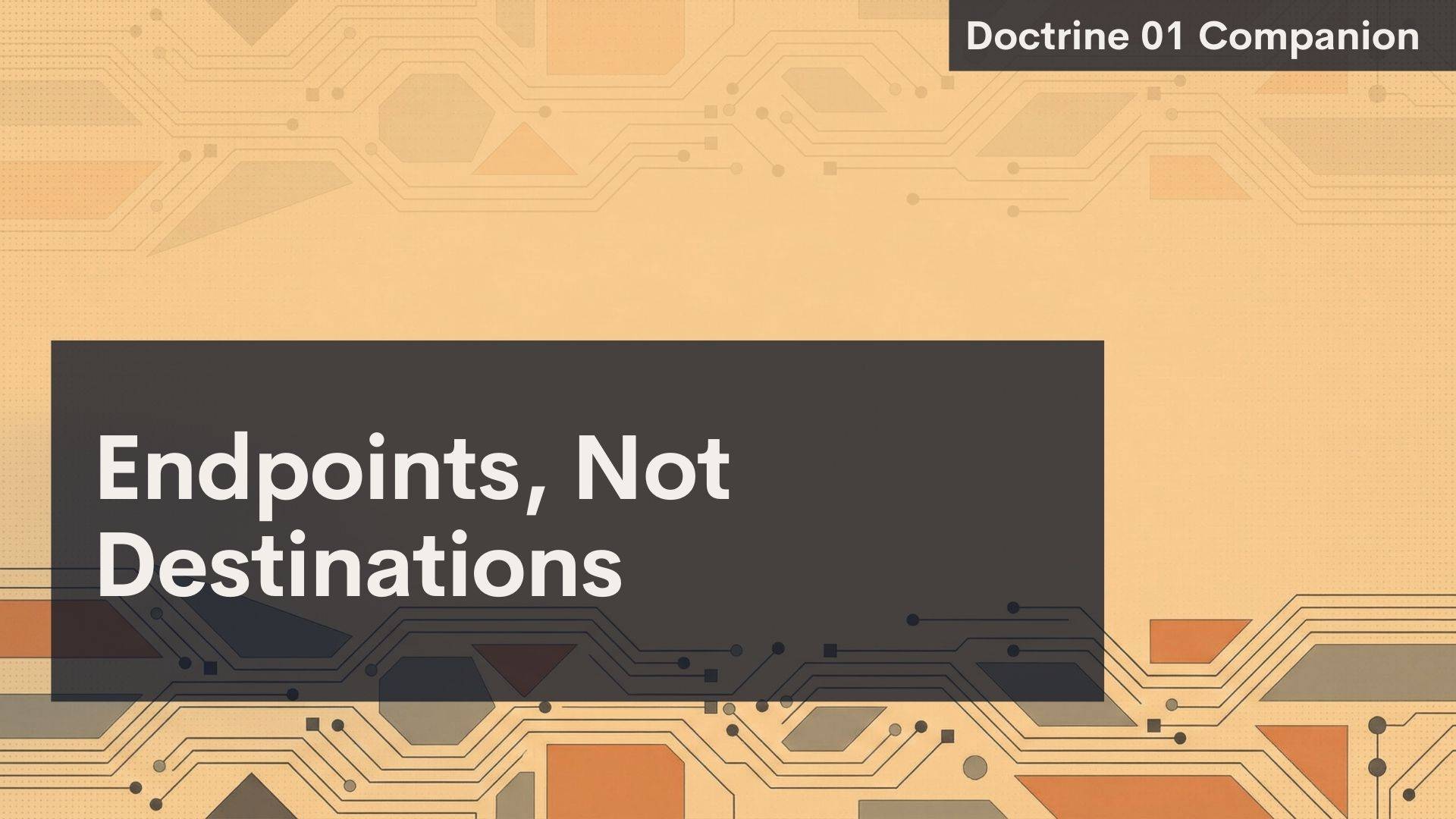 A digital slide with a tan and orange geometric circuit board background. In the top right corner, a dark box reads 