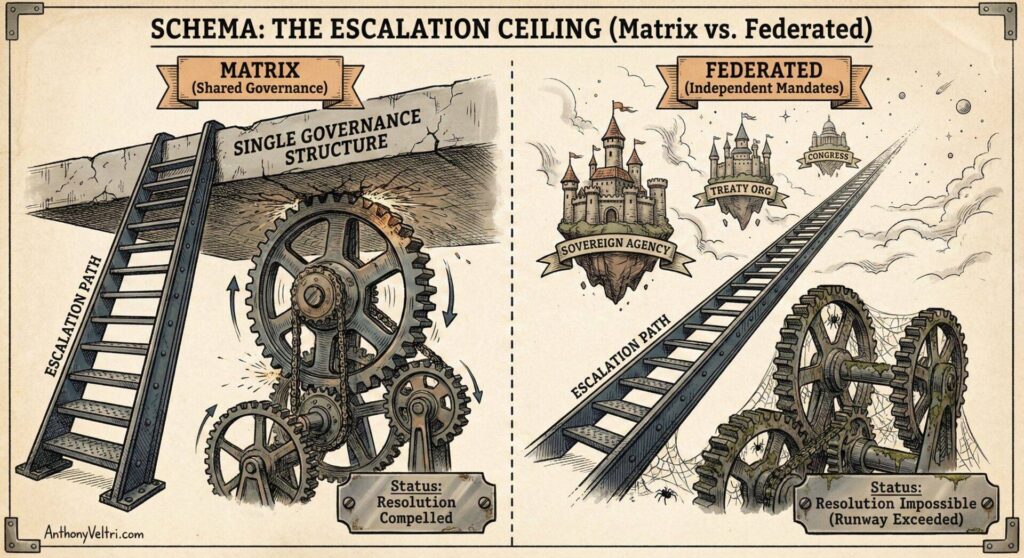 An illustrated diagram compares two systems: Matrix (shared governance, gears turning together, labeled “resolution compelled”) and Federated (independent, castle on a hill, gears separated, labeled “runaway exceeded”). Ladders marked "escalation path" lead upward on both sides.