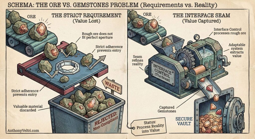 Illustration split in two: Left side shows rough ore rejected by a strict requirement process, labeled "waste." Right side shows ore processed by an adaptable machine, extracting and collecting gemstones in a secure vault labeled "value captured.
