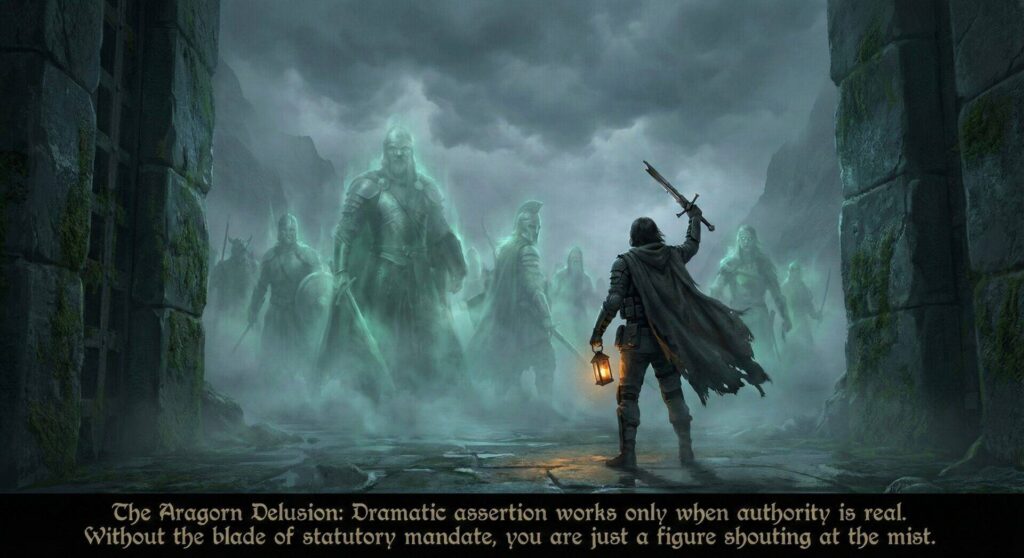 A lone figure in a cloak, holding a sword and lantern, stands in a misty ancient ruin facing large, ghostly armored figures. The scene is eerie and mystical. Text below reads: “The Aragorn Delusion: Dramatic assertion works only when authority is real…”.