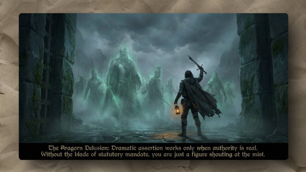 A lone figure holding a sword and lantern stands before towering ghostly warriors emerging from thick mist among ancient ruins. Text below reads: “The Aragorn Delusion: Dramatic assertion works only when authority is real…”.