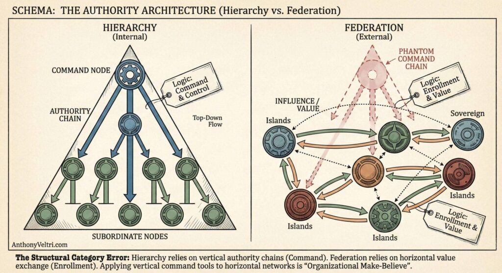 A diagram compares two structures: Hierarchy (a triangle with top-down command from one node to subordinate nodes) and Federation (a network of connected nodes exchanging influence/value, with no single controlling node). Labels explain command, logic, enrollment, and value.