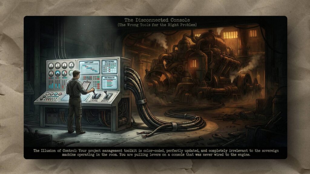 A man stands at a modern console with screens and controls, operating levers. Thick cables snake from the console to a massive, rusted machine in a shadowy industrial room. The console is disconnected, emphasizing a theme of ineffective control.