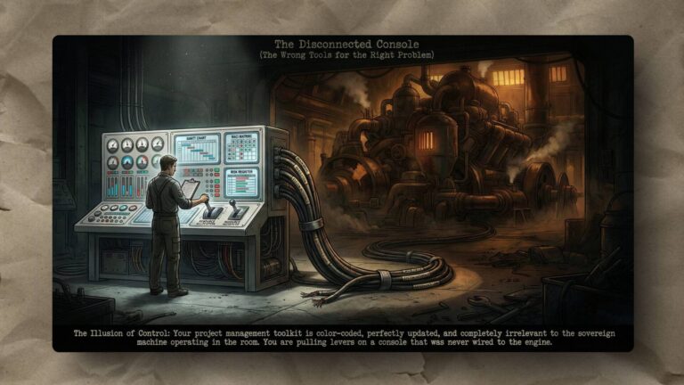 A man stands at a modern console with screens and controls, operating levers. Thick cables snake from the console to a massive, rusted machine in a shadowy industrial room. The console is disconnected, emphasizing a theme of ineffective control.