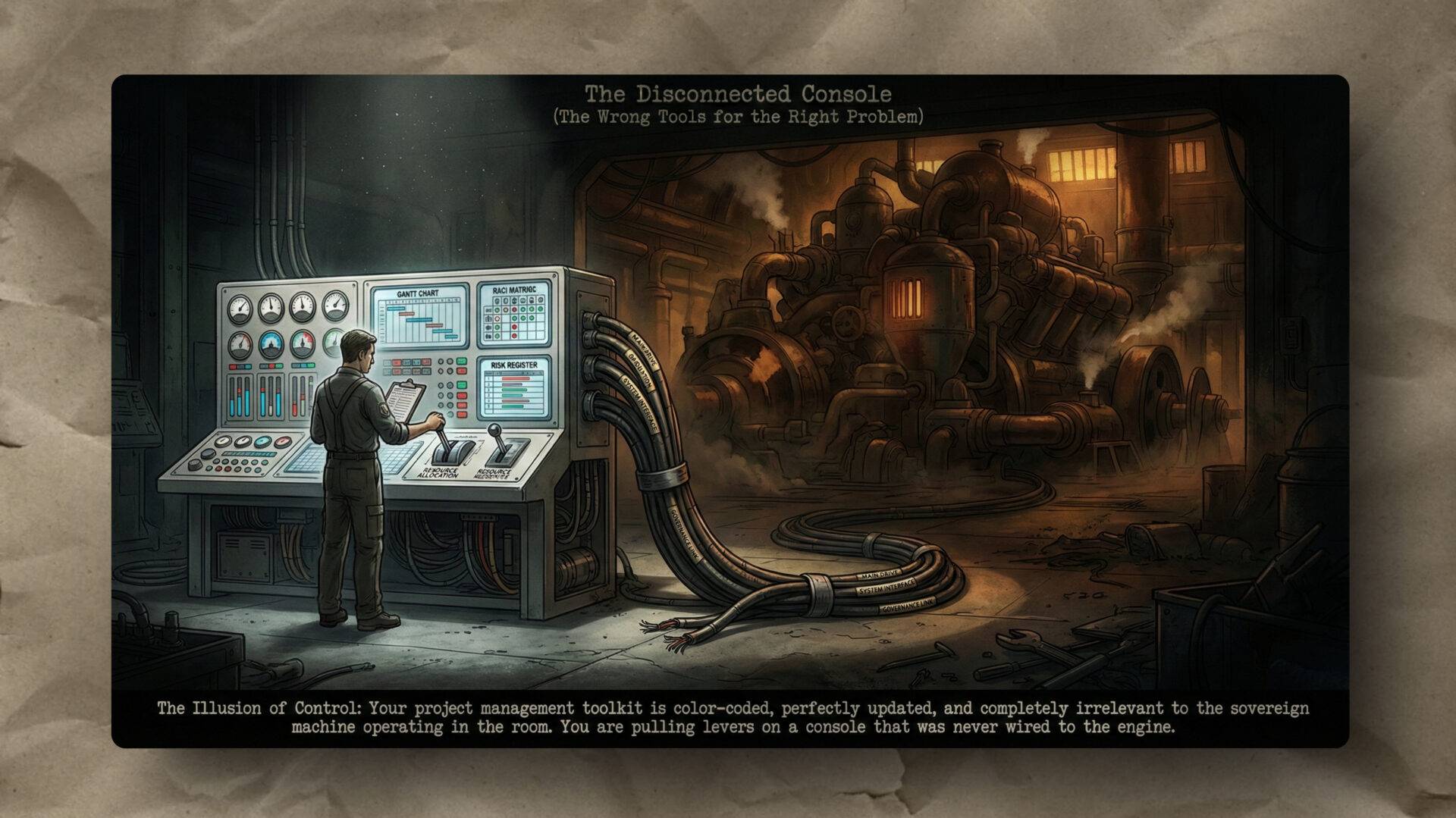 A man stands at a modern console with screens and controls, operating levers. Thick cables snake from the console to a massive, rusted machine in a shadowy industrial room. The console is disconnected, emphasizing a theme of ineffective control.