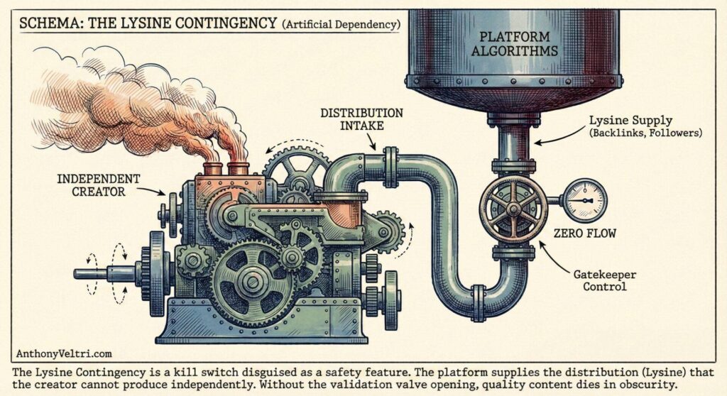 A detailed diagram shows a steampunk machine labeled “Independent Creator” connected by pipes to a large tank labeled “Platform Algorithms.” A valve labeled “Gatekeeper Control” restricts the “Lysine Supply,” symbolizing creator dependence on platforms.