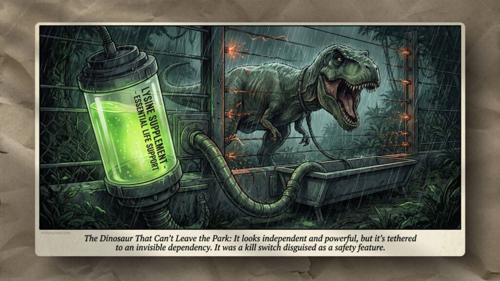 A menacing T. rex paces in an electrified cage, eyeing a canister marked