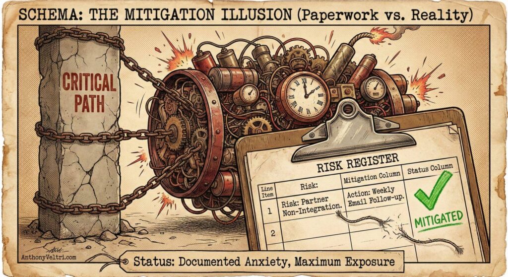 A wall labeled "CRITICAL PATH" is being crushed by massive gears and clocks symbolizing chaos. In front, a clipboard titled "RISK REGISTER" lists risks and mitigations, stamped "MITIGATED." Text highlights the illusion of safety through paperwork over reality.