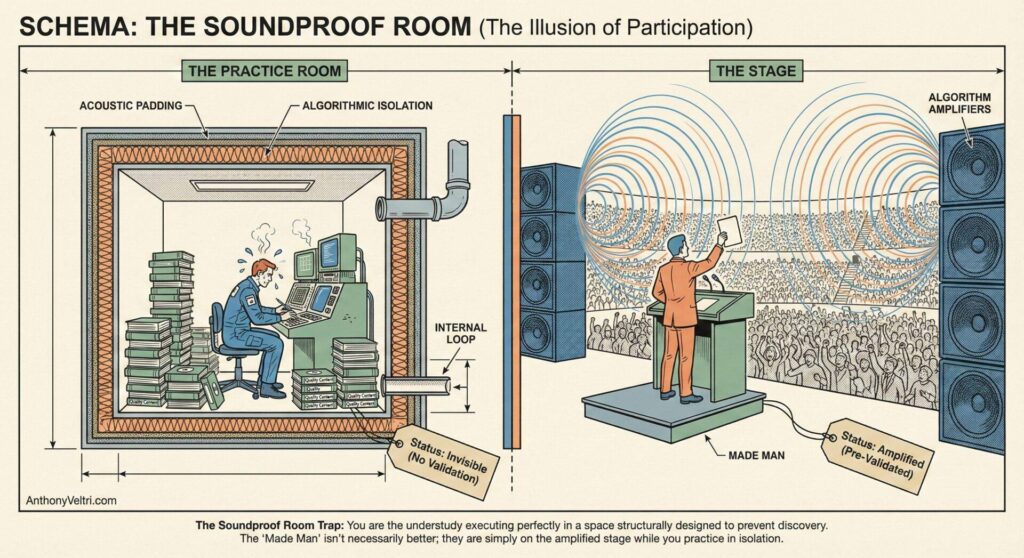 A person works alone in a soundproof room full of papers, facing a computer with wires leading to a stage. On the stage, a speaker addresses a huge audience, amplified by large speakers. The setup illustrates the concept of controlled participation.
