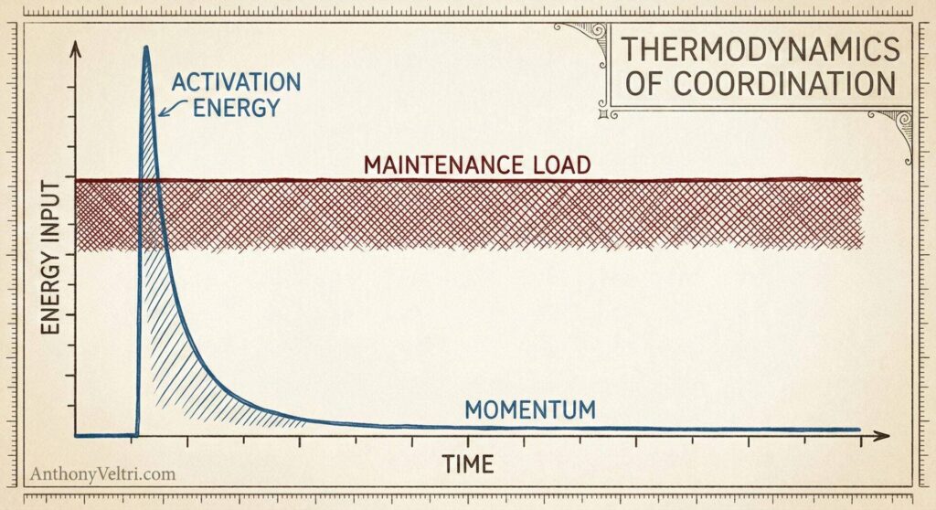A line graph titled "Thermodynamics of Coordination" shows energy input over time. A steep spike labeled "Activation Energy" drops quickly, then levels off as "Momentum." A shaded area labeled "Maintenance Load" runs horizontally above the momentum curve.