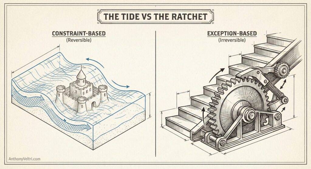 A split illustration compares two concepts: on the left, a sandcastle surrounded by water labeled "Constraint-Based (Reversible);" on the right, a gear mechanism moving up stairs labeled "Exception-Based (Irreversible).