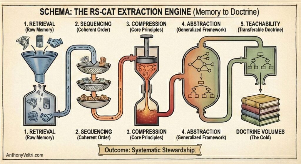 A diagram titled "Schema: The RS-CAT Extraction Engine" shows five labeled steps—Retrieval, Sequencing, Compression, Abstraction, Teachability—represented by funnels, trays, a press, pipes, and books, illustrating memory processing into teachable doctrine.