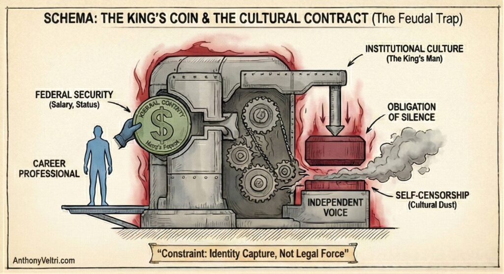 A career professional feeds a coin labeled “Social Contract” into a large, industrial machine. The machine, producing smoke, processes the coin and outputs institutional culture, obligation of silence, and self-censorship, while suppressing an independent voice.