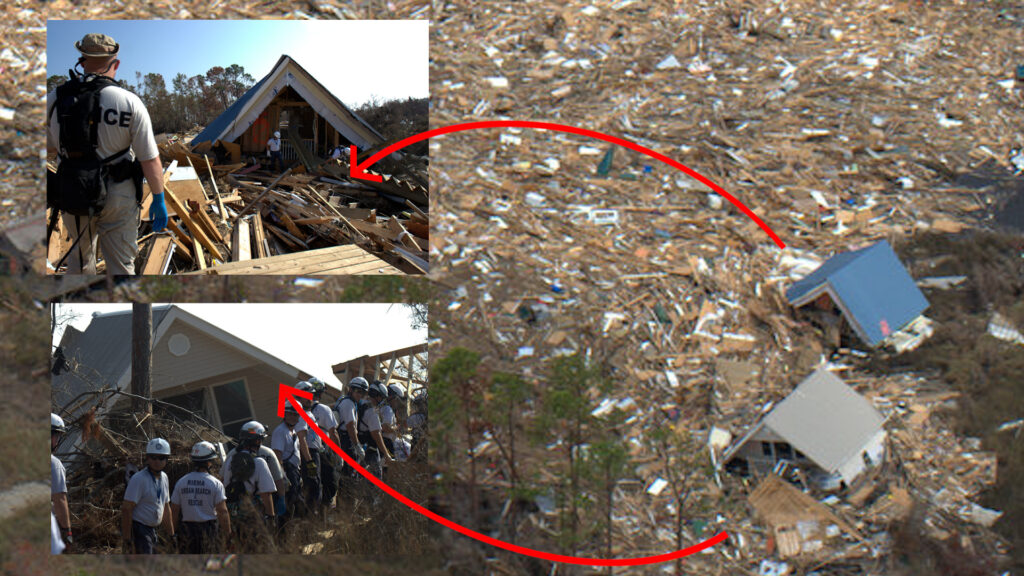 A split image shows rescue workers inspecting two damaged houses. Red arrows point from the houses to wide views of massive debris fields, illustrating destruction from a natural disaster, with broken wood, roof parts, and rubble scattered everywhere.