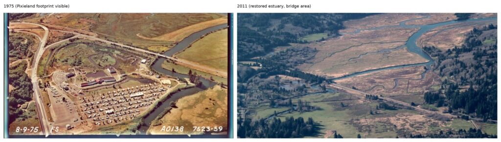 Side-by-side aerial images: left shows a 1975 landscape with a large parking lot, buildings, cars, a road, and river; right shows the same area in 2001, now restored to a natural estuary with winding water channels and dense vegetation.