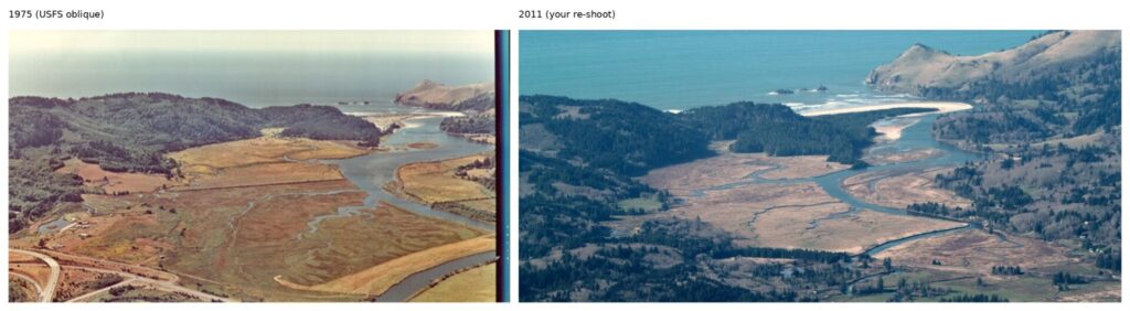 Side-by-side aerial photos show a winding river flowing through a wetland to the ocean. The left image (1975) has more brown marsh areas, while the right image (2011) shows more green vegetation and slightly changed water paths, with hills and open water in the background.