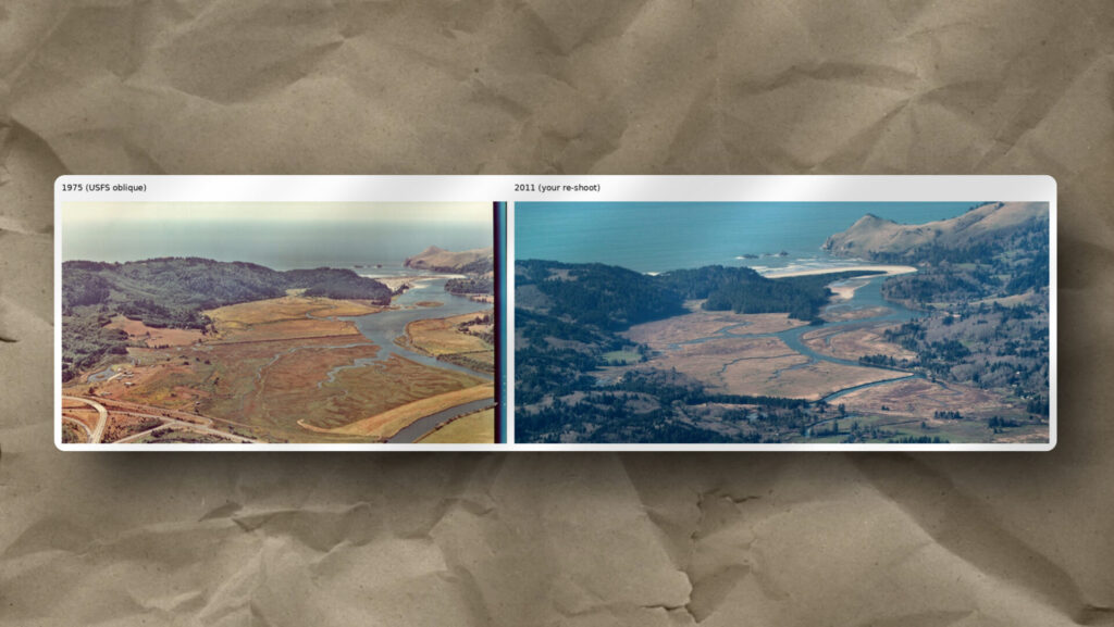 Side-by-side aerial photos compare a coastal estuary landscape in 1975 (left, faded colors) and 2011 (right, clearer colors). Both show a river winding through marshland toward the ocean, surrounded by forested hills and distant beaches.